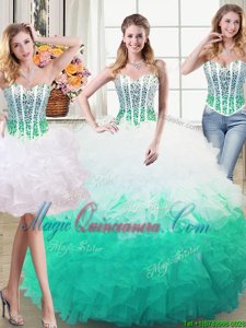 Glamorous Three Piece White and Green Sleeveless Organza Lace Up Sweet 16 Dresses for Military Ball and Sweet 16 and Quinceanera