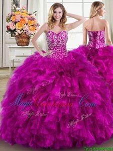 Chic Sleeveless Organza Brush Train Lace Up Quinceanera Gown in Fuchsia for with Beading and Ruffles