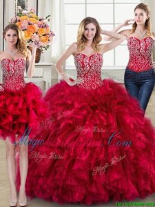 Sophisticated Three Piece Red Sleeveless Brush Train Beading and Ruffles 15th Birthday Dress