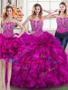 Fine Three Piece Sweetheart Sleeveless 15th Birthday Dress Brush Train Beading and Ruffles Fuchsia Organza