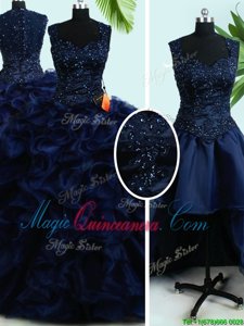 Colorful Four Piece Straps Straps Navy Blue Sleeveless Floor Length Beading and Ruffles Zipper Sweet 16 Quinceanera Dress