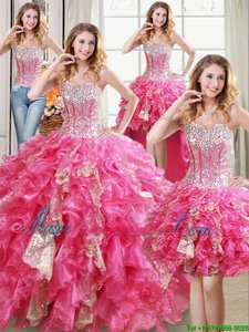 Four Piece Hot Pink Lace Up Sweetheart Beading and Ruffles and Sequins Vestidos de Quinceanera Organza Sleeveless