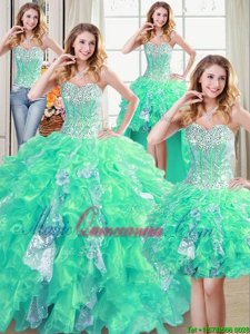 Edgy Four Piece Sweetheart Sleeveless Organza Sweet 16 Dress Beading and Ruffles and Sequins Lace Up