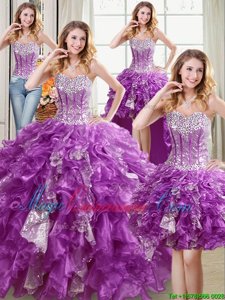 Custom Fit Four Piece Purple Ball Gowns Beading and Ruffles and Sequins Quince Ball Gowns Lace Up Organza Sleeveless Floor Length