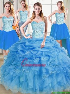 Elegant Four Piece Organza Sleeveless Floor Length Sweet 16 Dress and Beading and Ruffles and Pick Ups