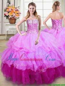 Sleeveless Floor Length Ruffles and Sequins Lace Up 15 Quinceanera Dress with Multi-color