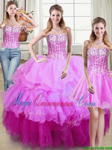 Cute Three Piece Organza Sleeveless Floor Length 15 Quinceanera Dress and Ruffles and Sequins