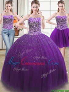 Sexy Three Piece Floor Length Ball Gowns Sleeveless Purple Vestidos de Quinceanera Lace Up