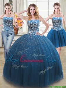 Enchanting Three Piece Ball Gowns Quinceanera Gowns Teal Sweetheart Tulle Sleeveless Lace Up