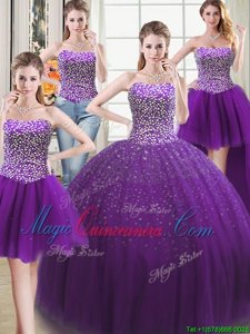 Modest Four Piece Floor Length Ball Gowns Sleeveless Purple Quinceanera Dress Lace Up