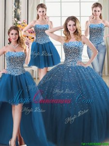 Flare Four Piece Teal Sleeveless Floor Length Beading Lace Up Vestidos de Quinceanera