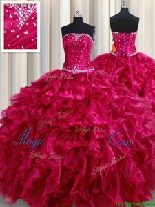 Fuchsia Ball Gowns Strapless Sleeveless Organza Floor Length Lace Up Beading and Ruffles Quinceanera Dress