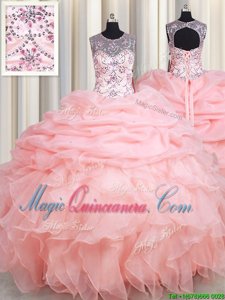 Customized Scoop Baby Pink Organza Lace Up 15 Quinceanera Dress Sleeveless Floor Length Beading and Ruffles and Pick Ups