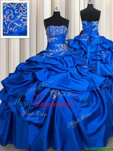 Exceptional Royal Blue Ball Gowns Taffeta Strapless Sleeveless Beading and Pick Ups Floor Length Lace Up 15 Quinceanera Dress