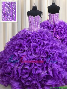 On Sale Floor Length Ball Gowns Sleeveless Eggplant Purple Quince Ball Gowns Lace Up