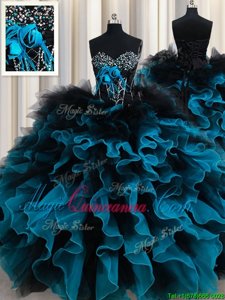 Organza and Tulle Sweetheart Sleeveless Lace Up Beading and Ruffles and Hand Made Flower Quinceanera Dresses in Black and Blue