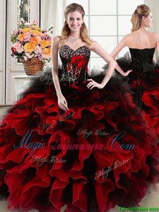 Deluxe Floor Length Lace Up Quinceanera Dress Black and Red and In for Military Ball and Sweet 16 and Quinceanera with Beading and Ruffles and Hand Made Flower