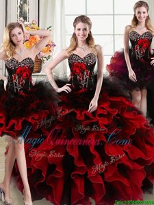 Beautiful Four Piece Black and Red Lace Up Sweet 16 Dresses Beading and Ruffles and Hand Made Flower Sleeveless Floor Length