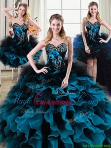 Four Piece Black and Blue Lace Up 15 Quinceanera Dress Beading and Ruffles and Hand Made Flower Sleeveless Floor Length