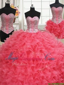 Popular Three Piece Ball Gowns Quinceanera Dresses Coral Red Sweetheart Organza Sleeveless Floor Length Lace Up