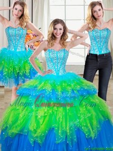 Wonderful Three Piece Multi-color Tulle Lace Up Quince Ball Gowns Sleeveless Floor Length Beading and Ruffled Layers