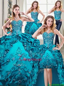 Four Piece Teal Organza and Taffeta Lace Up Sweetheart Sleeveless Floor Length Sweet 16 Quinceanera Dress Beading and Embroidery and Pick Ups