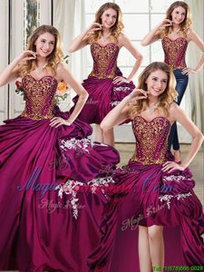 Four Piece Sleeveless Floor Length Beading and Appliques and Pick Ups Lace Up 15 Quinceanera Dress with Burgundy