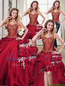 Admirable Four Piece Taffeta Sweetheart Sleeveless Lace Up Beading and Appliques and Pick Ups 15th Birthday Dress in Wine Red