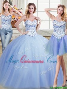 Fashion Three Piece Light Blue Sleeveless Floor Length Beading Lace Up Quince Ball Gowns