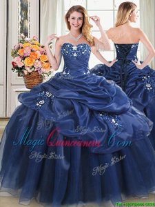 Beading and Pick Ups Quinceanera Dresses Navy Blue Lace Up Sleeveless Floor Length