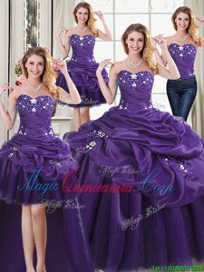 Four Piece Beading and Appliques and Pick Ups Quince Ball Gowns Purple Lace Up Sleeveless Floor Length