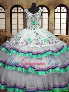 Straps Straps White Lace Up Sweet 16 Quinceanera Dress Embroidery and Ruffled Layers Sleeveless Floor Length