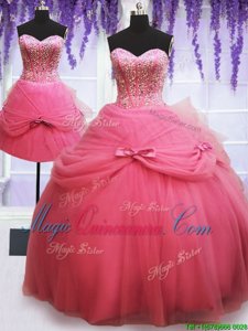 New Arrival Three Piece Rose Pink 15th Birthday Dress Military Ball and Sweet 16 and Quinceanera and For with Beading and Bowknot Sweetheart Sleeveless Lace Up