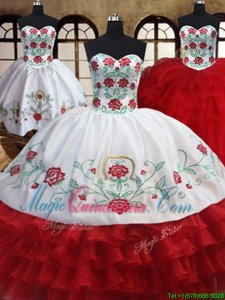 Top Selling Three Piece Ruffled Floor Length Ball Gowns Sleeveless White and Red Sweet 16 Dresses Lace Up