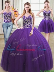 Fine Three Piece Tulle Sweetheart Sleeveless Lace Up Beading Quinceanera Dress in Purple