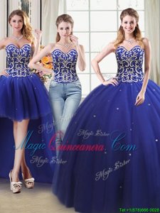 Four Piece Sweetheart Sleeveless 15 Quinceanera Dress Floor Length Beading Royal Blue Tulle