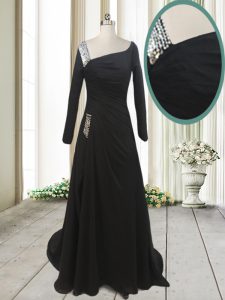 Customized Black Side Zipper Mother Of The Bride Dress Beading Long Sleeves With Train Sweep Train