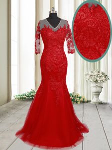 Mermaid Clasp Handle Red Half Sleeves Brush Train Lace With Train Mother Of The Bride Dress