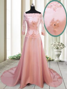 Peach Square Neckline Beading and Appliques Prom Gown Long Sleeves Zipper