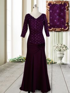 Fancy Floor Length Dark Purple Dress for Prom Half Sleeves Zipper