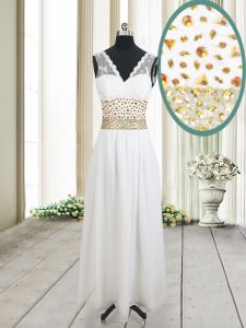 Fashionable White Zipper Mother Of The Bride Dress Beading and Belt Sleeveless Ankle Length