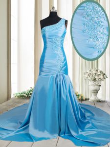 Baby Blue Mermaid One Shoulder Sleeveless Elastic Woven Satin Brush Train Zipper Beading and Appliques