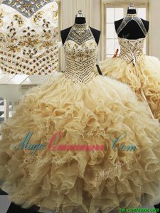 Champagne 15th Birthday Dress Military Ball and Sweet 16 and Quinceanera and For with Beading and Ruffles High-neck Sleeveless Sweep Train Lace Up