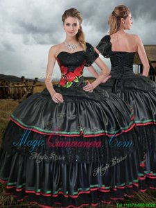 Sweep Train Ball Gowns Quinceanera Gown Black One Shoulder Taffeta Sleeveless With Train Lace Up