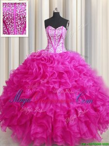 Visible Boning Bling-bling Sleeveless Beading and Ruffles Lace Up 15 Quinceanera Dress