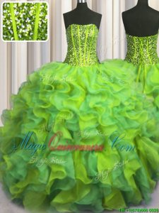 Visible Boning Beaded Bodice Organza Sleeveless Floor Length Quinceanera Dresses and Beading and Ruffles