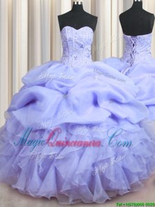 Visible Boning Lavender Sweetheart Lace Up Beading and Ruffles Sweet 16 Quinceanera Dress Sleeveless