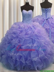 Modest Beading and Ruffles Vestidos de Quinceanera Blue Lace Up Sleeveless Floor Length