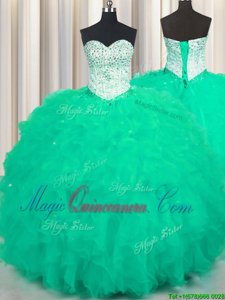 Apple Green Lace Up Sweetheart Beading and Ruffles Quinceanera Gown Tulle Sleeveless