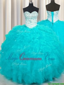 Beading and Ruffles Quinceanera Gown Aqua Blue Lace Up Sleeveless Floor Length